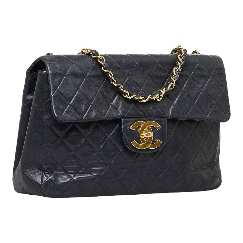 Chanel Deca Flap Shoulder Bag Black Lambskin Ladies