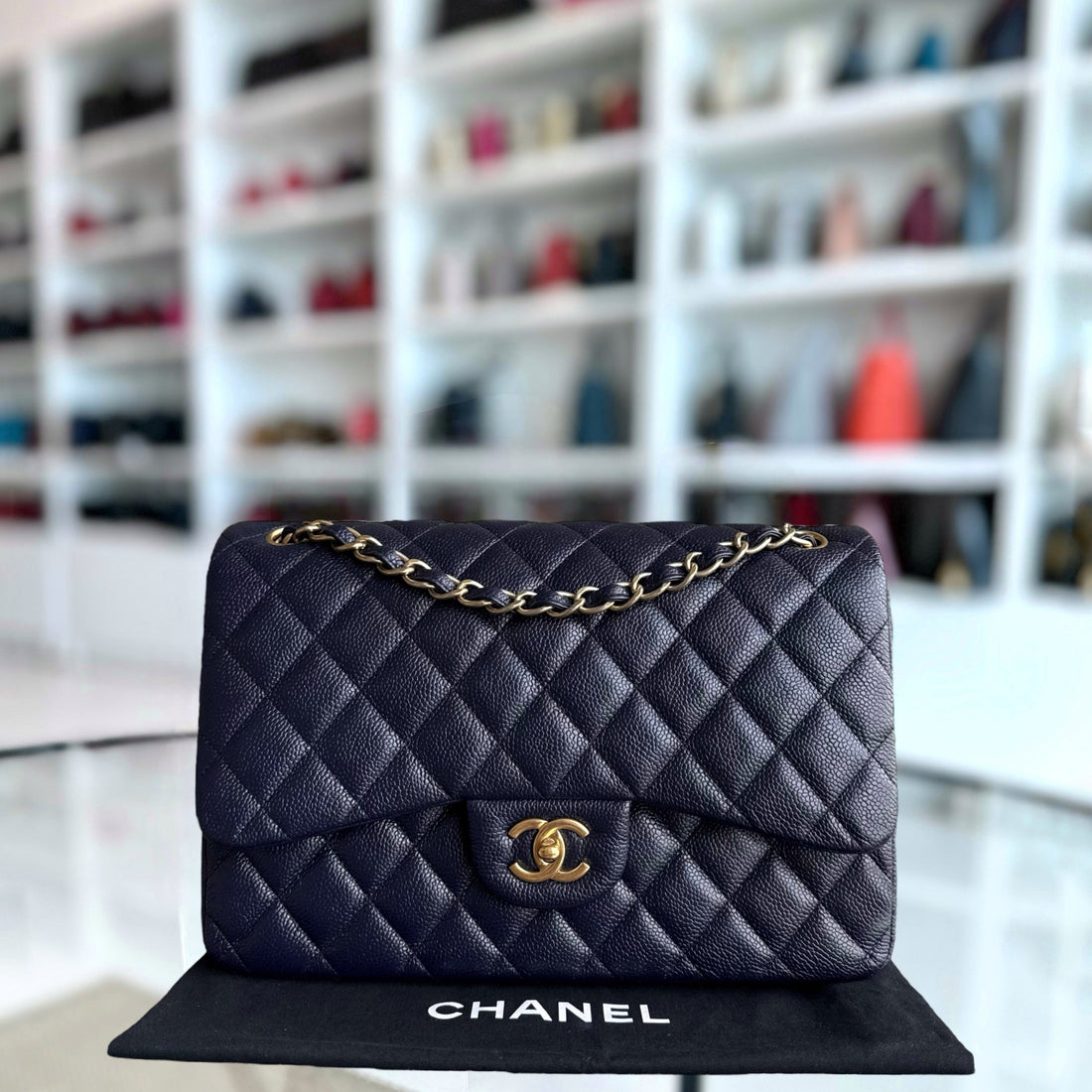 Chanel Classic Flap Jumbo - Togo/epsom/caviar/clemence/callfskin/cowhide/lambskin Double Flap 30CM Quilted Dark Blue Gold Hardware Series 21