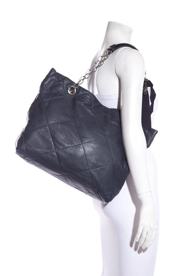 Lanvin Navy Lambksin Leather Quilted Tote