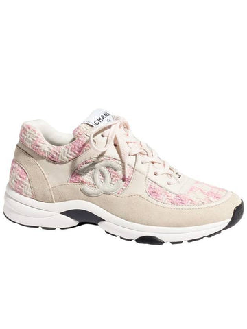 CC Logo Cotton Tweed Suede CalBNkin Low Top Sneakers Pink Ecru Chanel