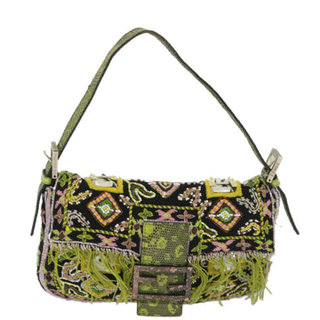 FENDI Snake Mamma Baguette Shoulder Bag Wool Leather Black Green Auth 56581