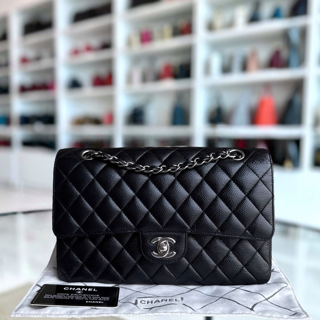 Chanel Classic Flap Medium - Togo/epsom/caviar/clemence/callfskin/cowhide/lambskin 25CM Quilted Black Silver Hardware Series 18