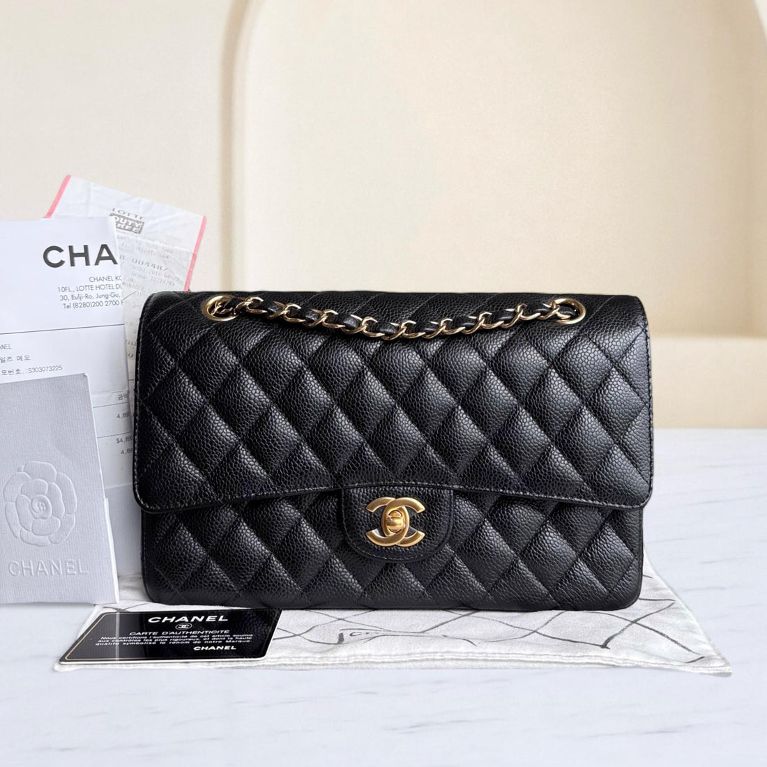 Chanel Classic Flap Medium - Togo/epsom/caviar/clemence/callfskin/cowhide/lambskin 25CM Quilted Grained CalBNkin Black Gold Hardware Series 25
