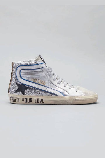 Slide Mid Top Glitter Metalic Sneaker In Silver/ Ice