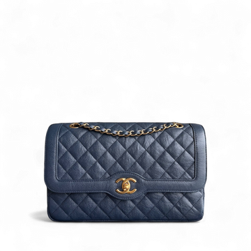 Chanel Seasonal Two-tone Flap - Togo/epsom/caviar/clemence/callfskin/cowhide/lambskin 27CM Quilted Grained CalBNkin Blue Gold Hardware Series 21