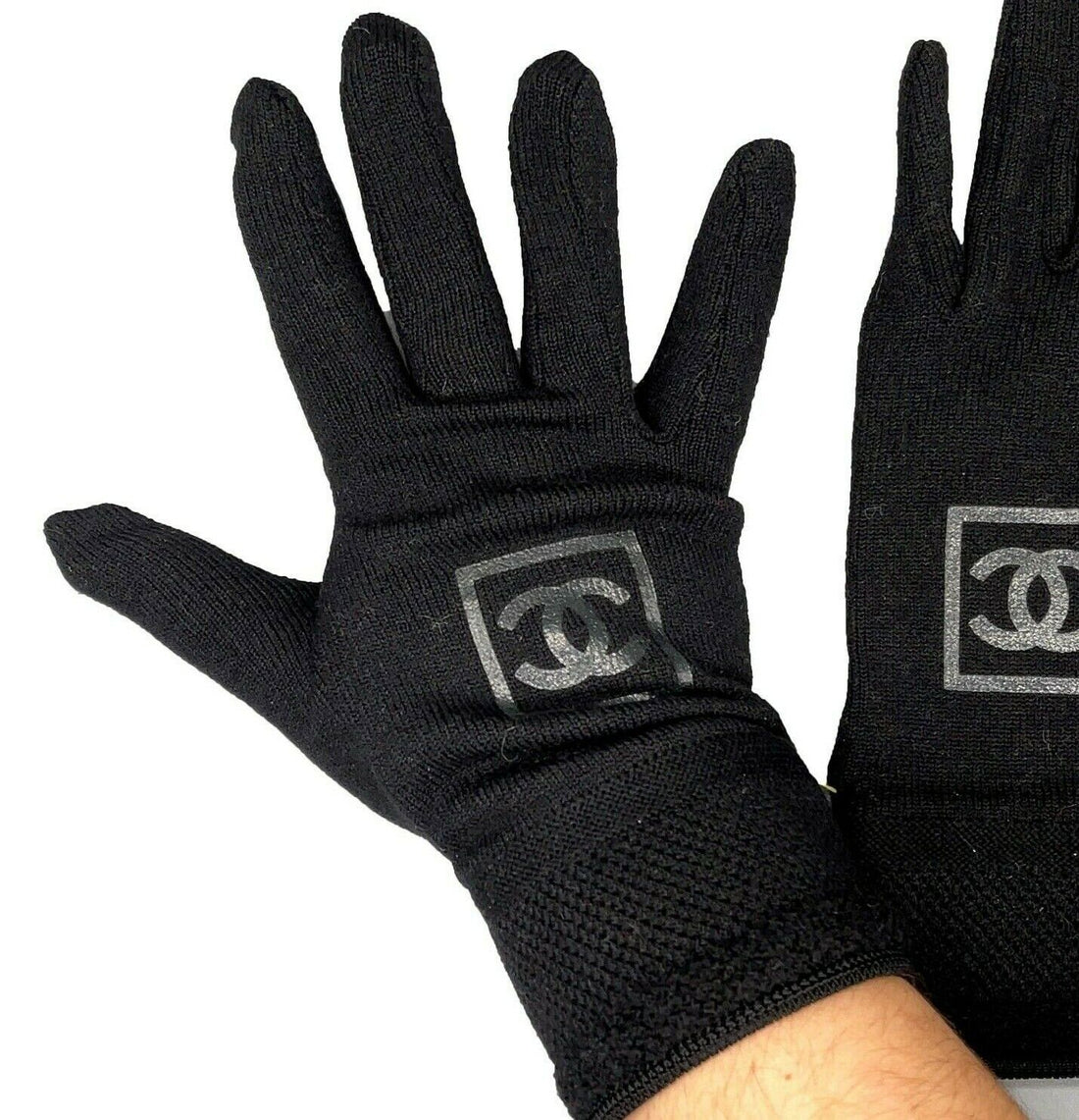 Top Quality Chanel - Knit Wool Lambskin Black Leather - Sport Gloves - CC Logo - Size M