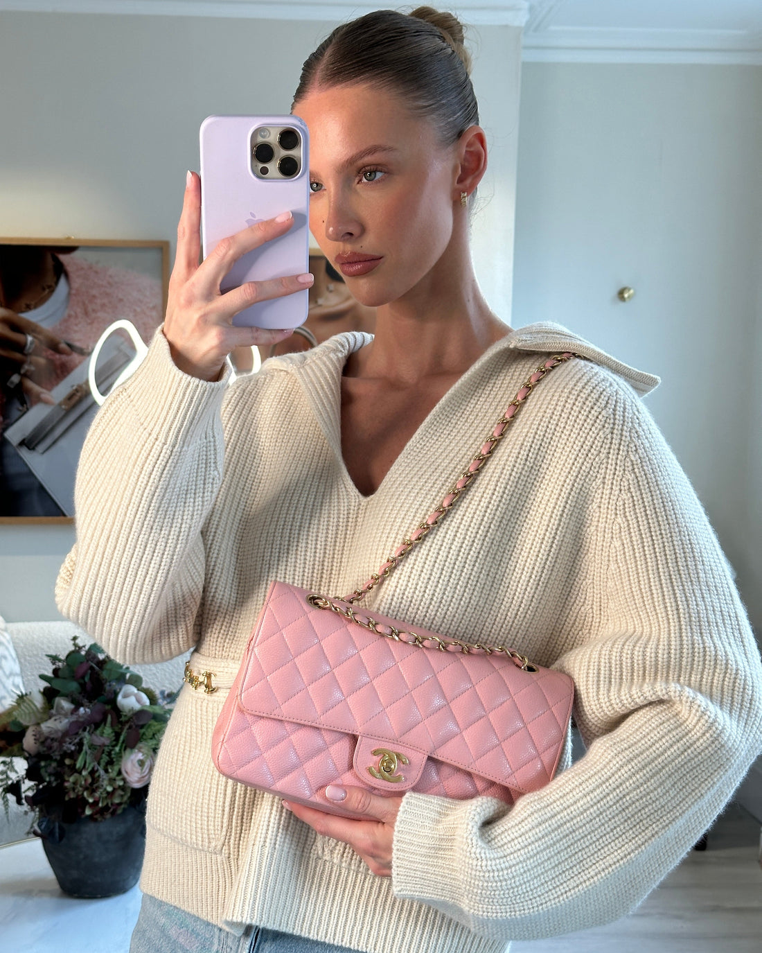 *HOT* Pearl Street Bags Chanel Bubblegum Pink  Classic Medium Double Flap Bag in Caviar Leather with 24K Gold Hardware