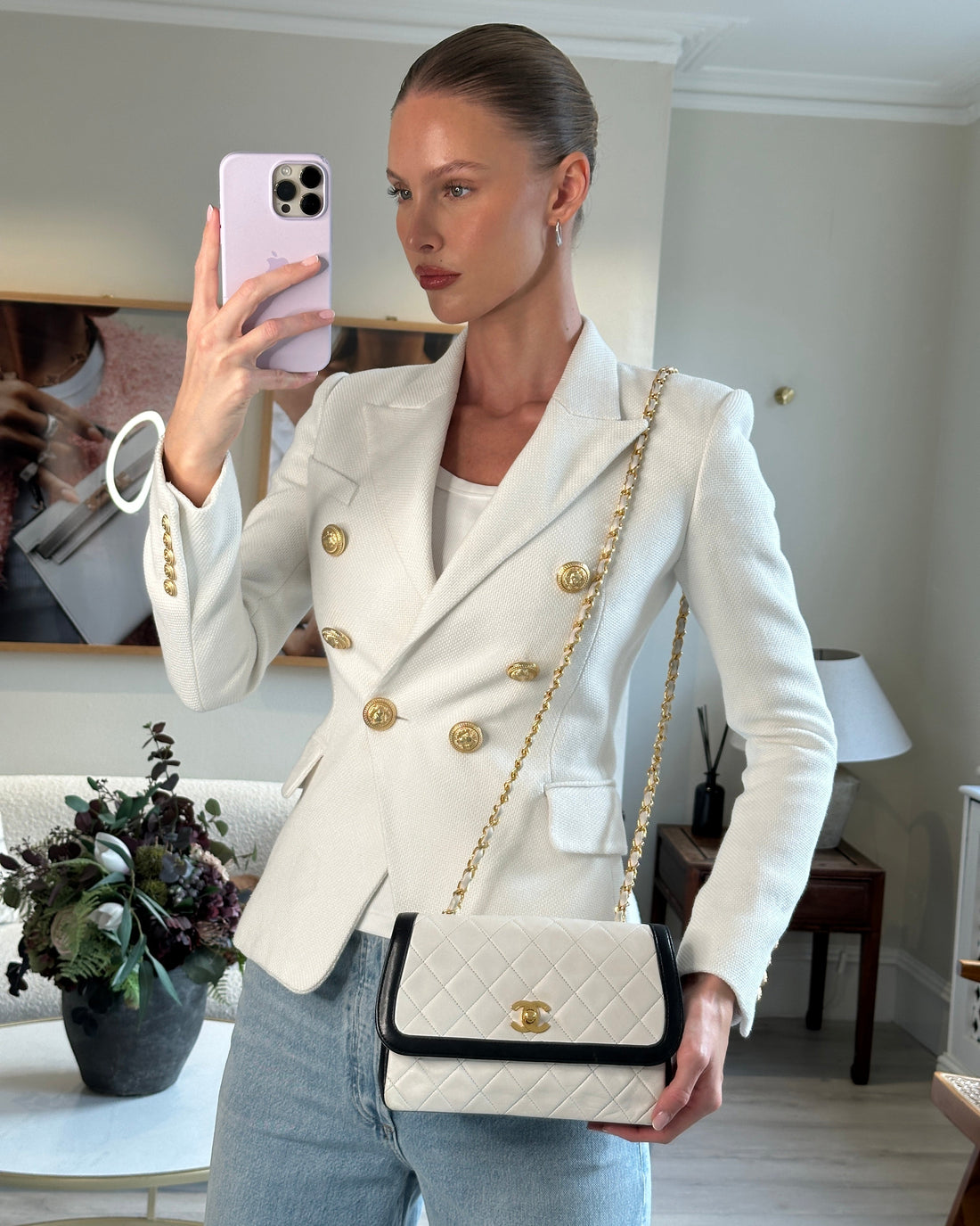 Pearl Street Bags Chanel  White, Black Trim Matelasse Cross-Body Bag in Lambskin Leather with 24K Gold Hardware