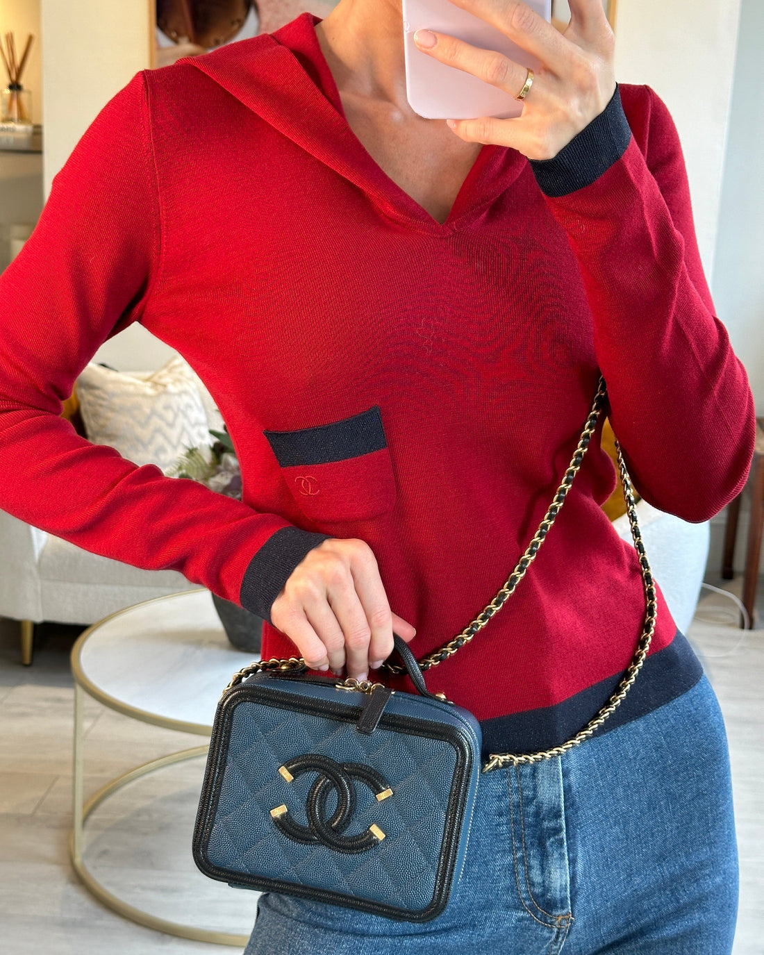 Pearl Street Bags Chanel Navy and Black Small CC Vanity Case Bag in Caviar Leather with Brushed Gold Hardware