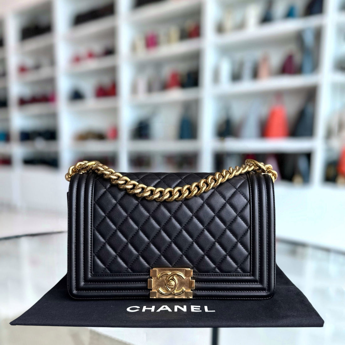 Chanel Boy Medium - 25CM Quilted CalBNkin Black Gold Hardware Series 20