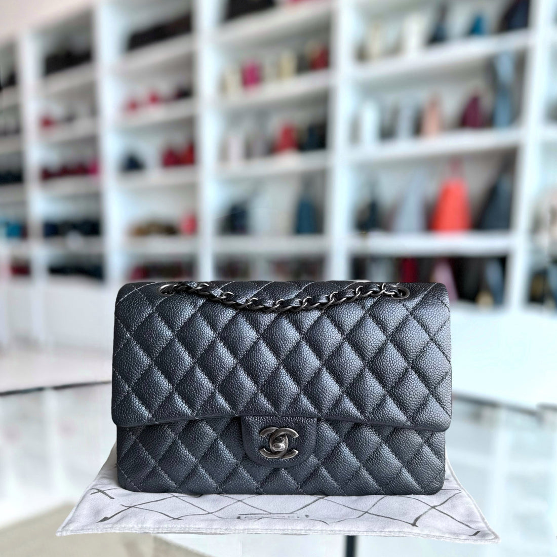 Chanel Classic Flap Medium - Togo/epsom/caviar/clemence/callfskin/cowhide/lambskin 25CM Quilted Grained CalBNkin Iridescent Charcoal Dark Grey Gray Ruthenium Silver Hardware Series 20