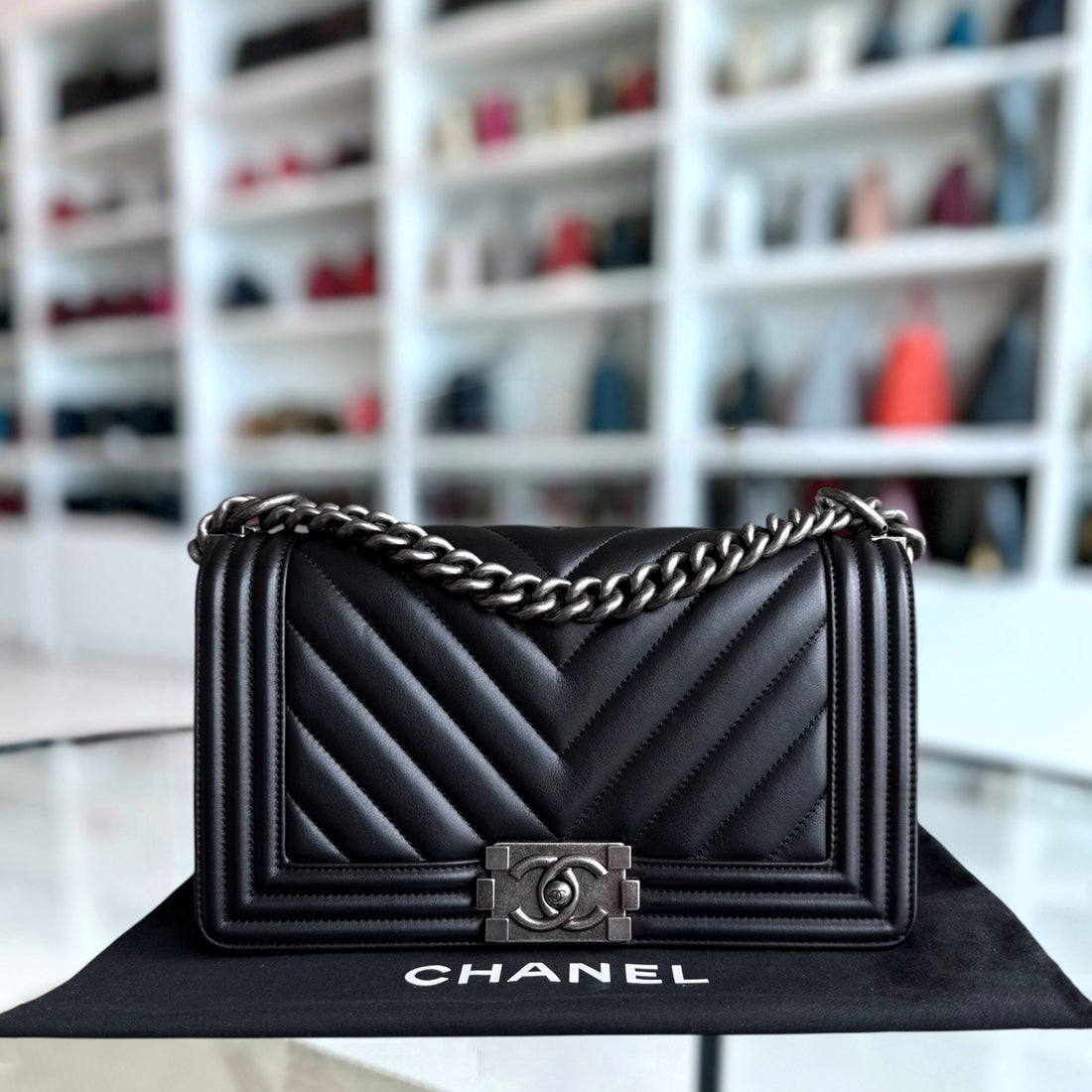 Chanel Boy Medium - 25CM Chevron CalBNkin Black Ruthenium Silver Hardware Series 26