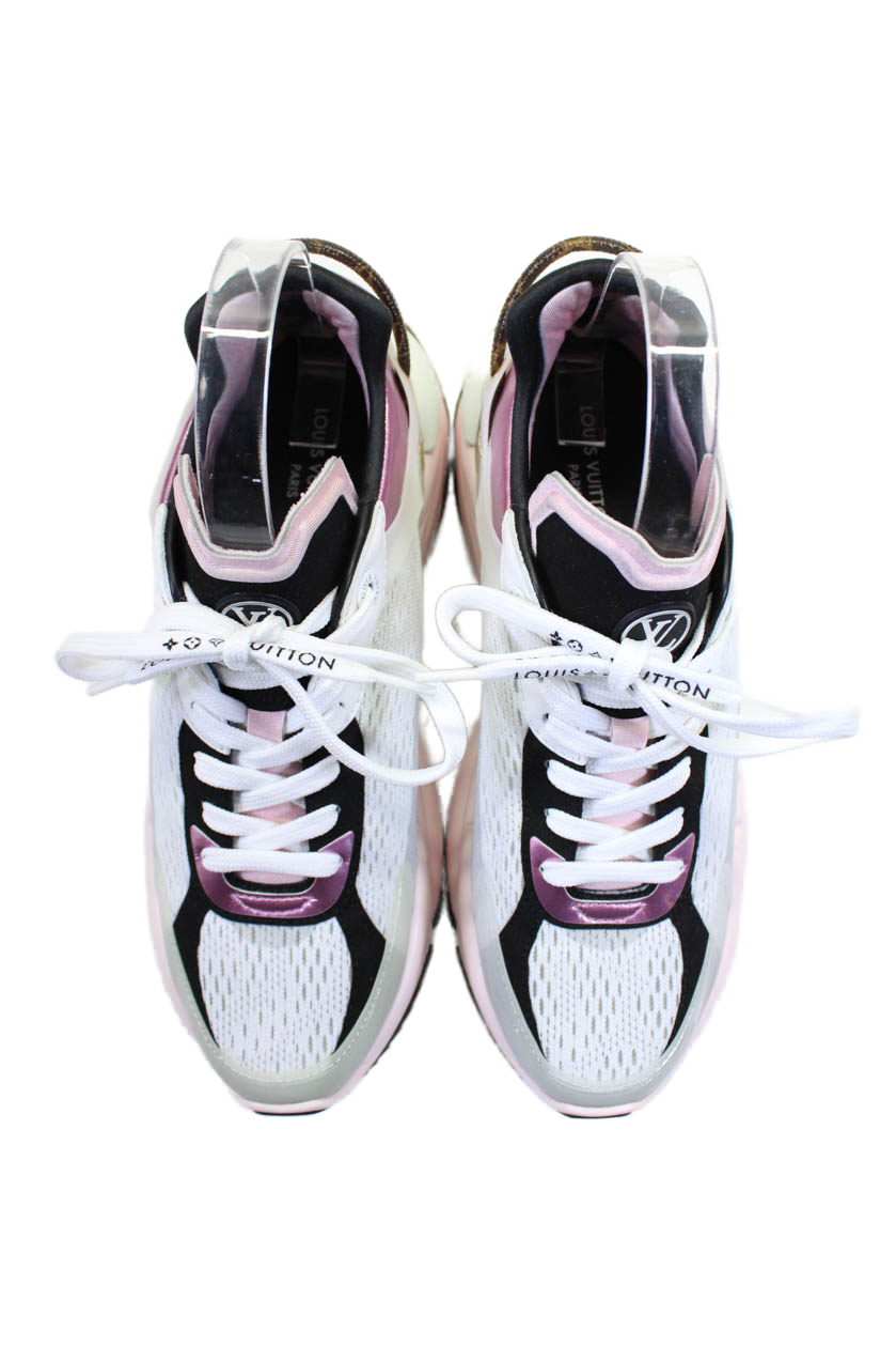 Louis Vuitton Womens Lace Up Knit Run 55 Trainers Sneakers White Pink