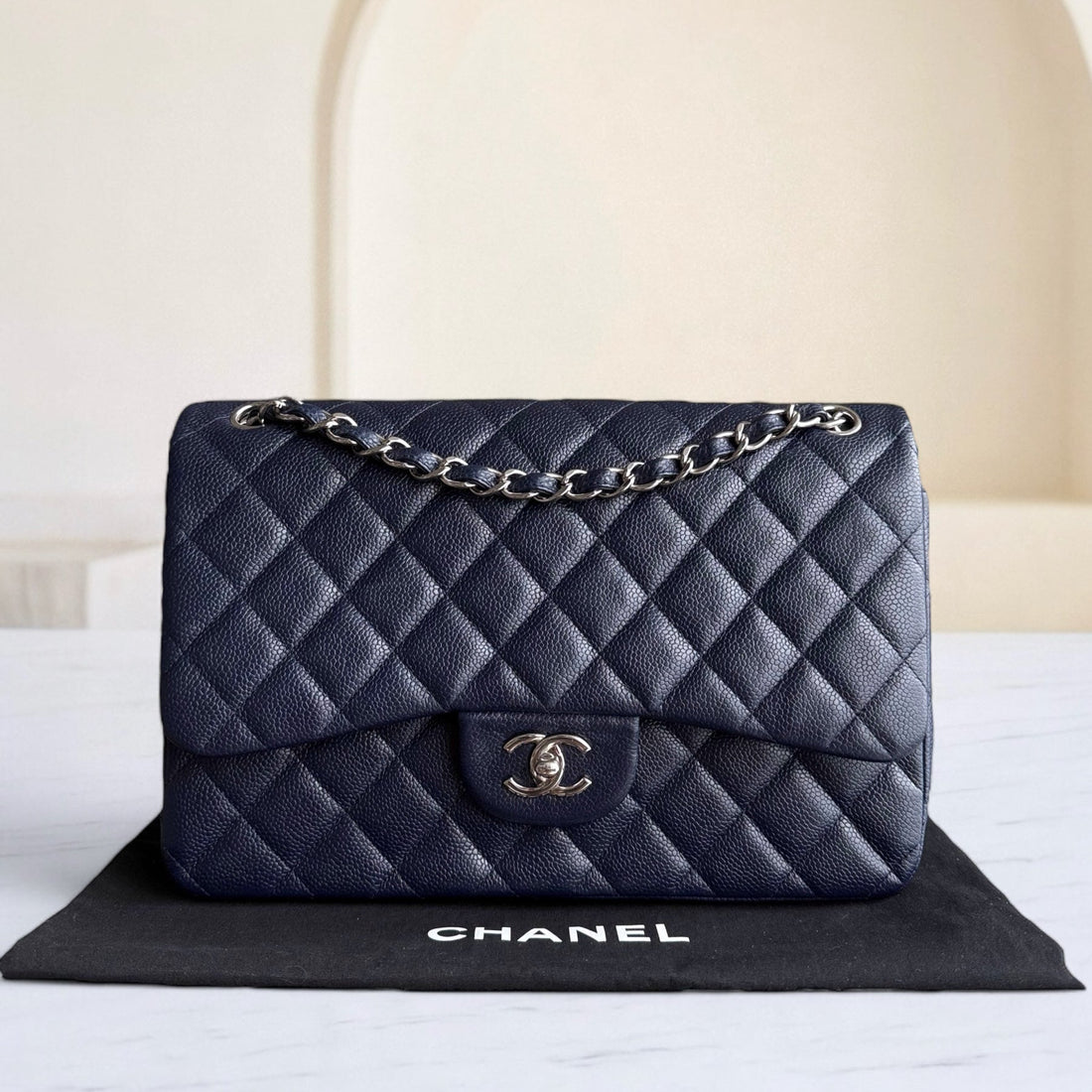 Chanel Classic Flap Jumbo - Togo/epsom/caviar/clemence/callfskin/cowhide/lambskin Double Flap 30CM Quilted Grained CalBNkin Dark Blue Silver Hardware Series 19