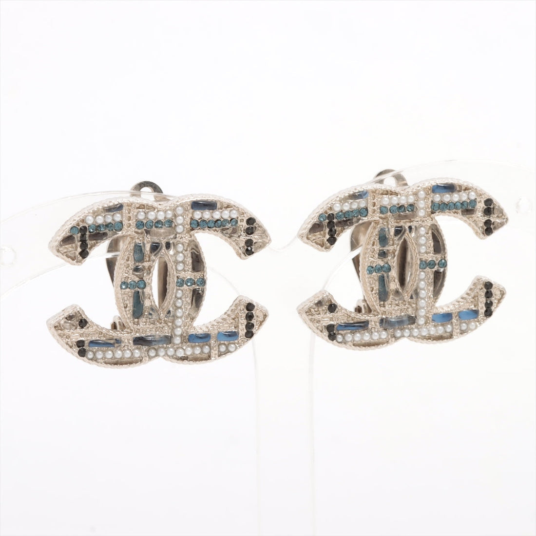 Chanel Earrings in Tweed Pattern A19B Silver Blue