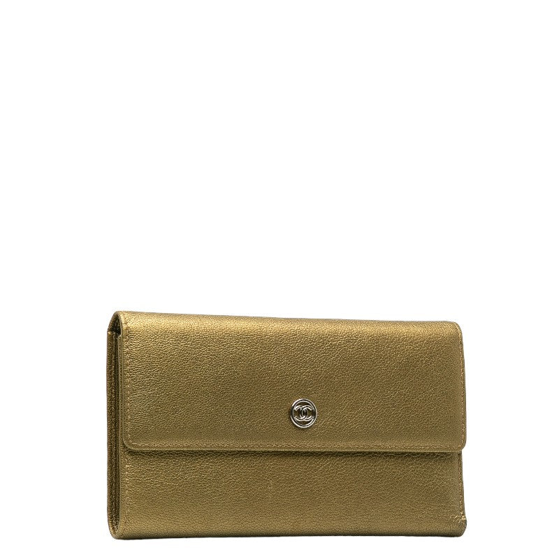 Chanel Cocono mark Three Folded Wallet Long Wallet Metal Curry Leather  CHANEL