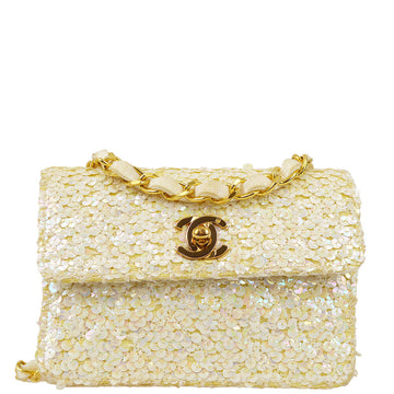 Chanel * White Sequin Straight Flap Shoulder Bag Micro