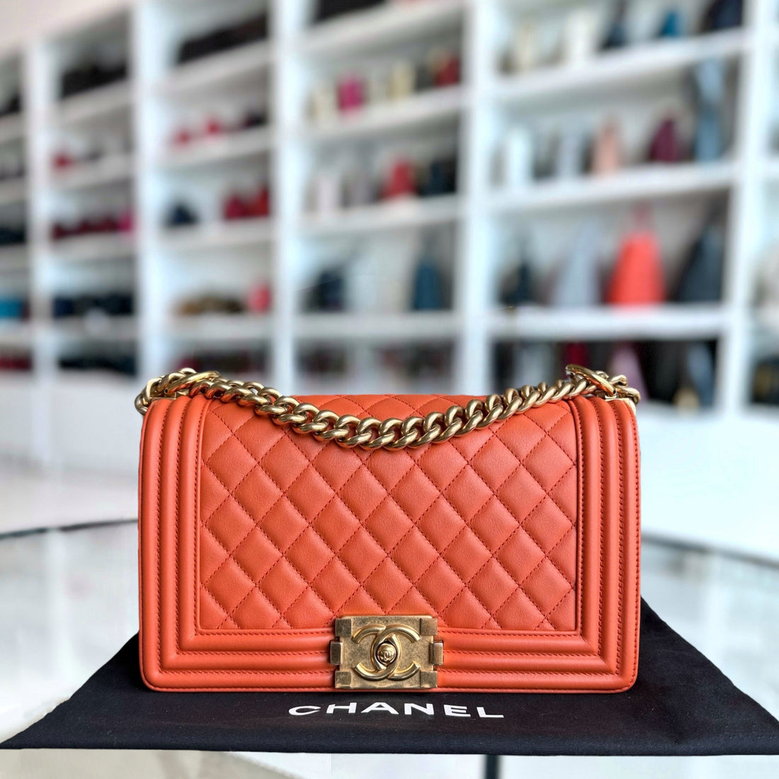 Chanel Boy Medium - 25CM Quilted ClaBNkin Caramel Aged Gold Hardware Series 20