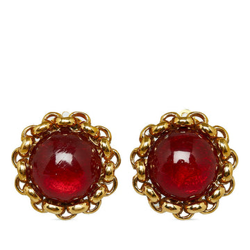 Chanel Rhinestone Coco Mark Earrings Gold Red