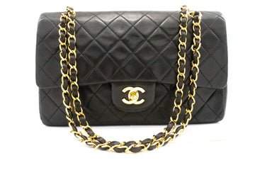 CHANEL Classic Double Flap 10" Chain Shoulder Bag Black Lambskin k74