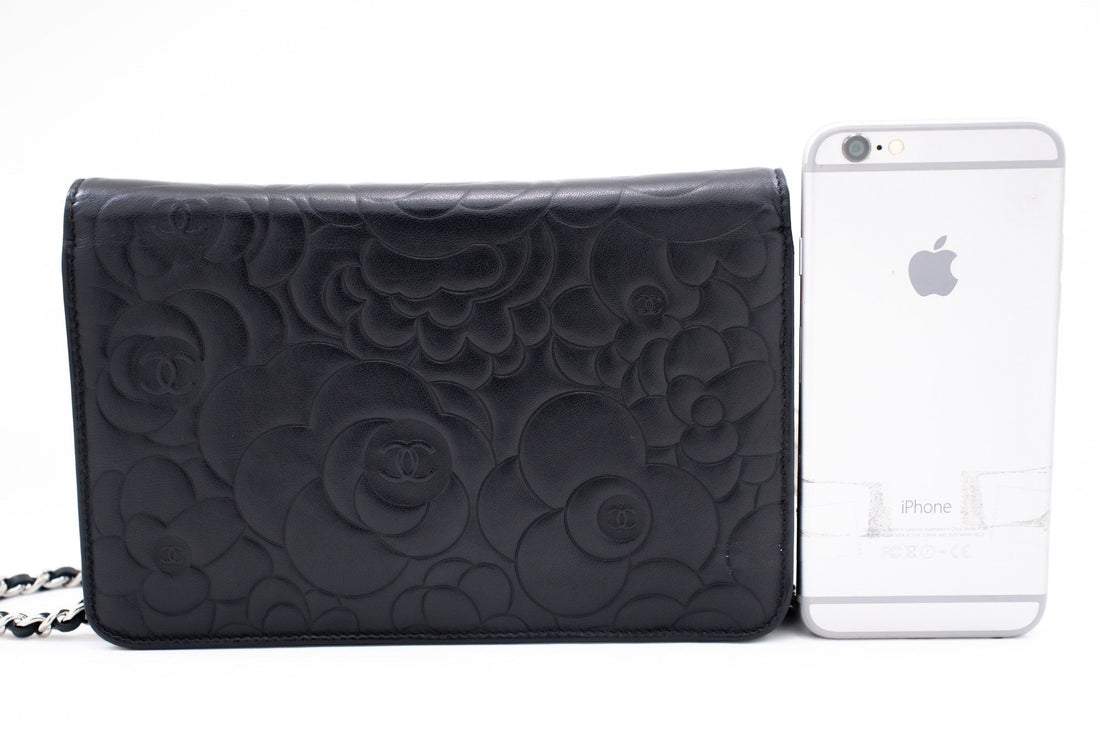 CHANEL Black Camellia Embossed Wallet On Chain WOC Shoulder Bag k68