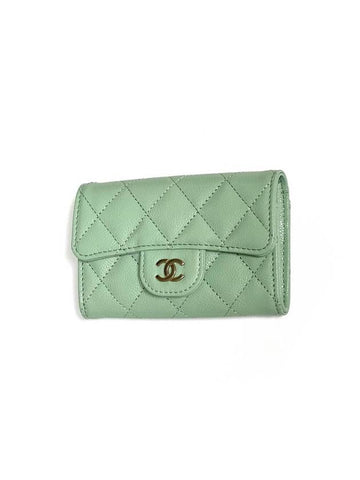 Classic Gold Logo Grained Shiny Calfskin Card Wallet  Green Chanel