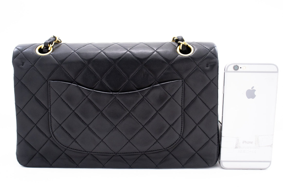 CHANEL Classic Double Flap 10" Chain Shoulder Bag Black Lambskin k76