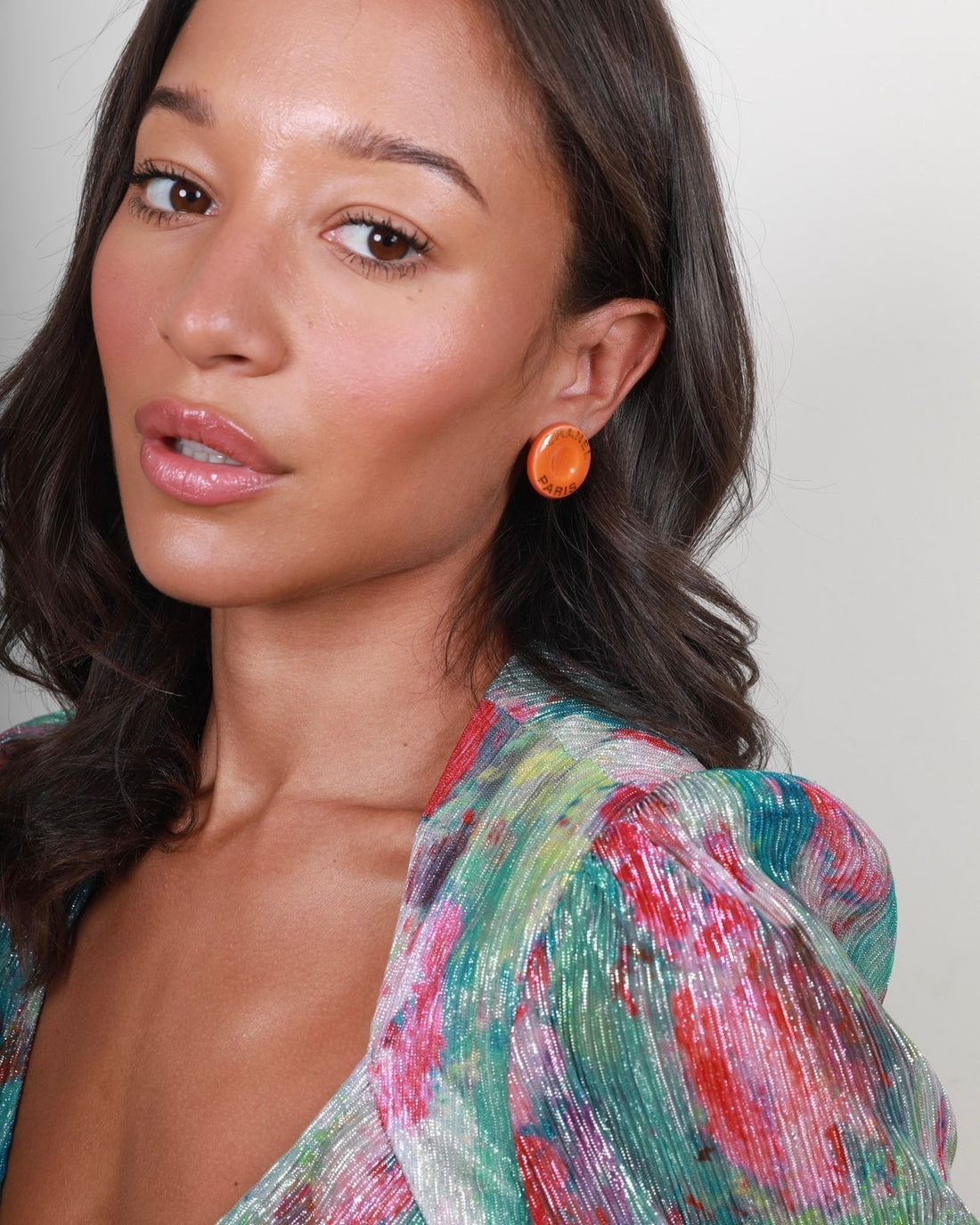 Pearl Street Bags Chanel 97P Orange Round Gold Logo Printed Button Clip-On Earrings