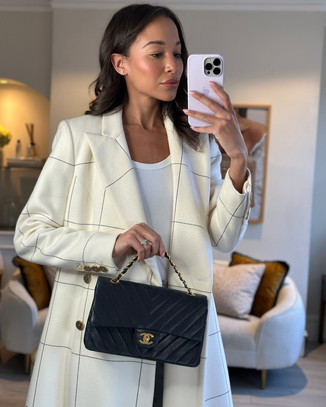 Pearl Street Bags Chanel Navy  Classic Medium Chevron Double Flap Bag in Lambskin Leather with 24K Gold Hardware