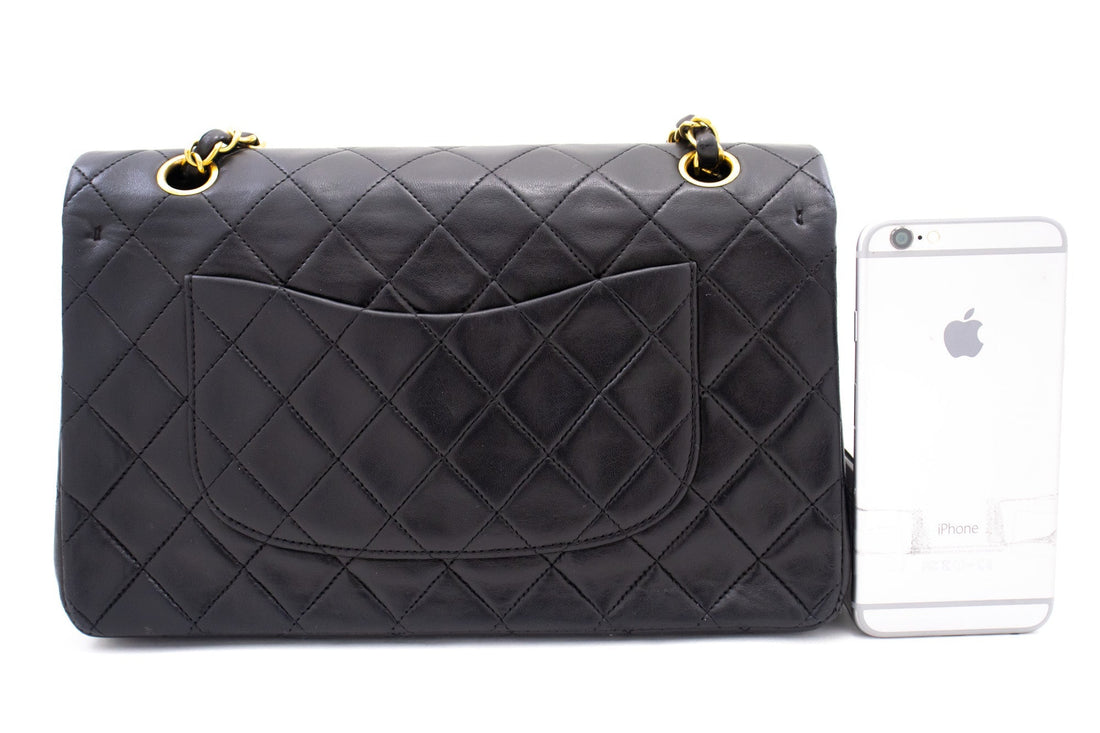 CHANEL Classic Double Flap 10" Chain Shoulder Bag Black Lambskin k77
