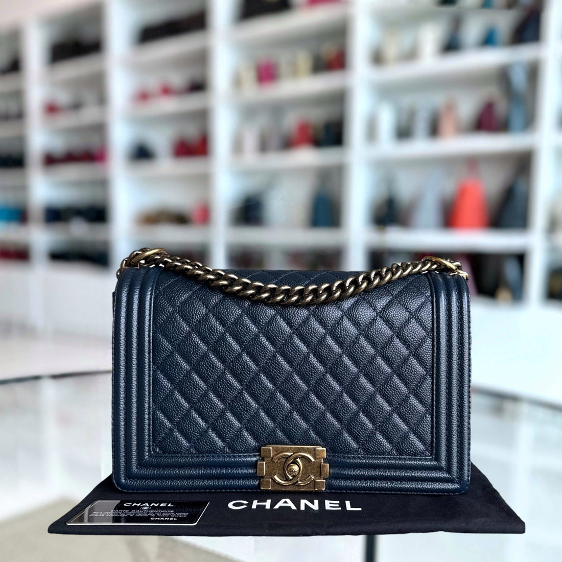 Chanel Boy New Medium - Togo/epsom/caviar/clemence/callfskin/cowhide/lambskin 28CM Quilted Dark Blue Ruthenium Gold Hardware Series 19