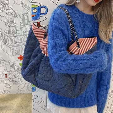 Chanel  Denim Quilted Drawstring Hobo Shoulder Tote Bag