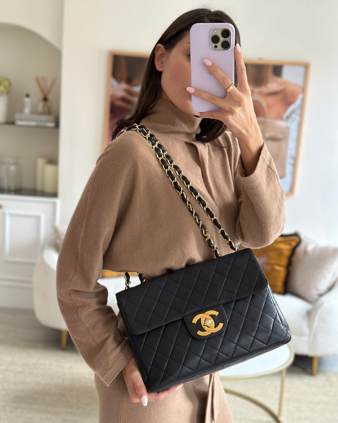Chanel Black  Maxi Mademoiselle Single Flap Bag in Lambskin with 24K Gold Hardware