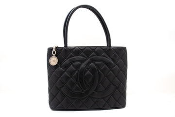 CHANEL Silver Medallion Caviar Shoulder Bag Shopping Tote Black SV k57