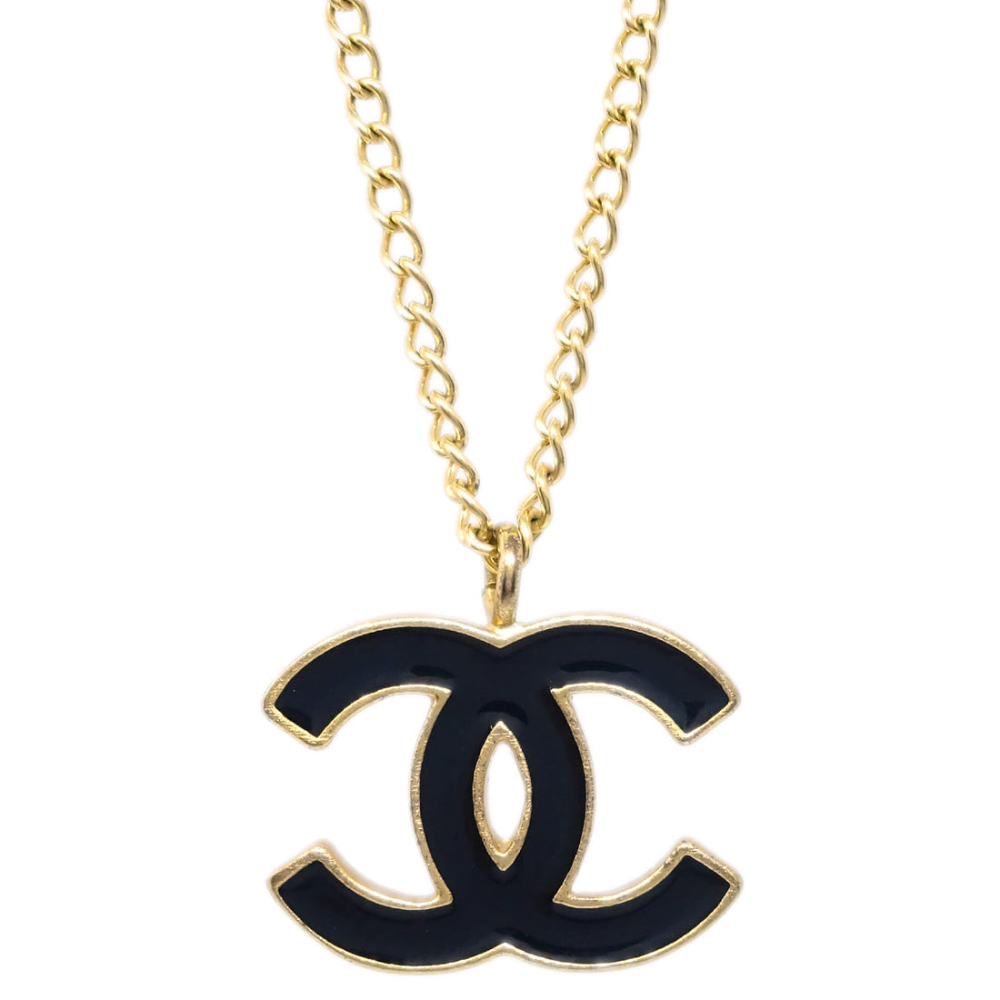 Chanel CC Chain Necklace Pendant Gold Black 02A