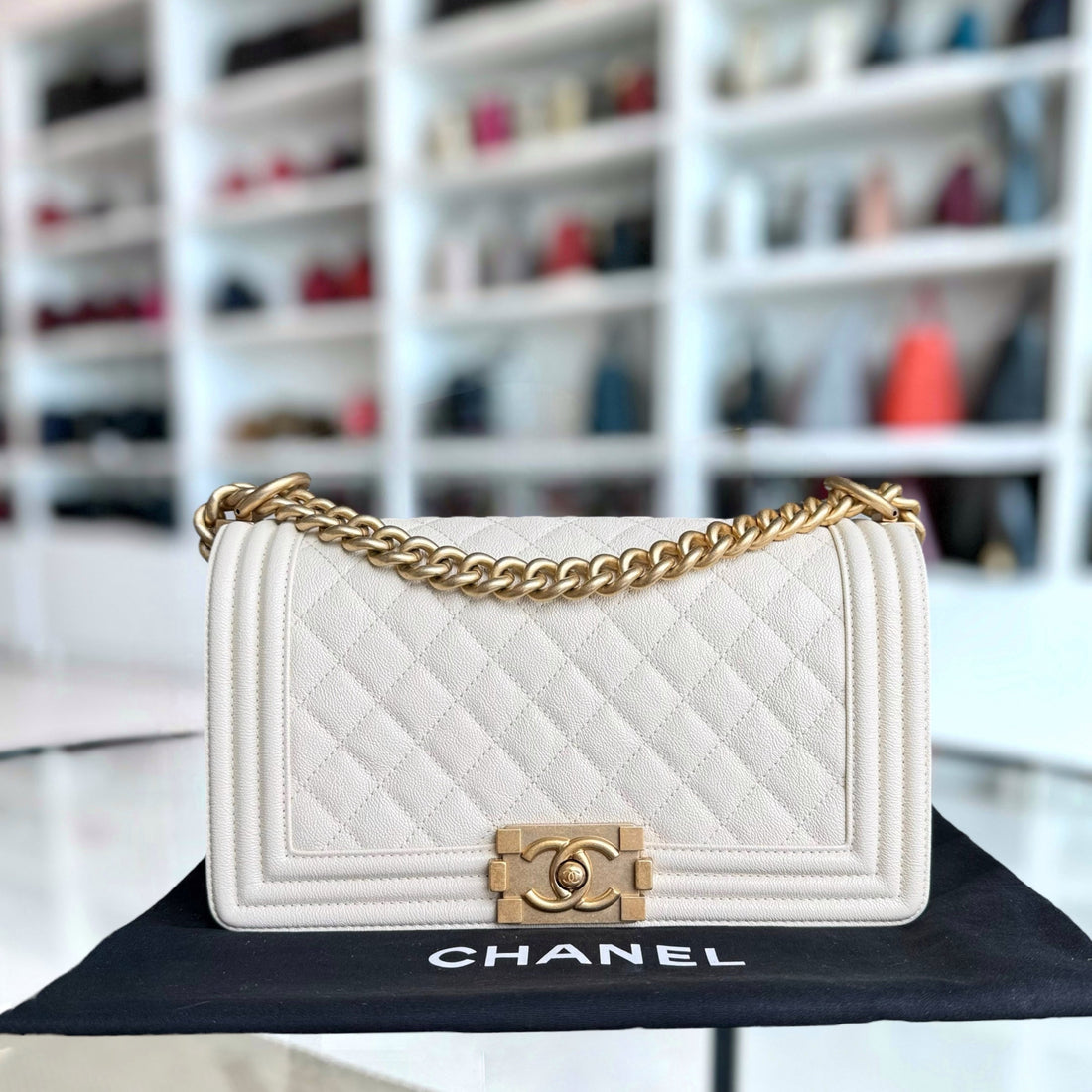 Chanel Boy Medium - Togo/epsom/caviar/clemence/callfskin/cowhide/lambskin 25CM Cream White Aged Gold Hardware Series 26