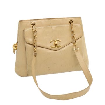 Chanel Chain Tote Bag Leather Beige CC Auth A