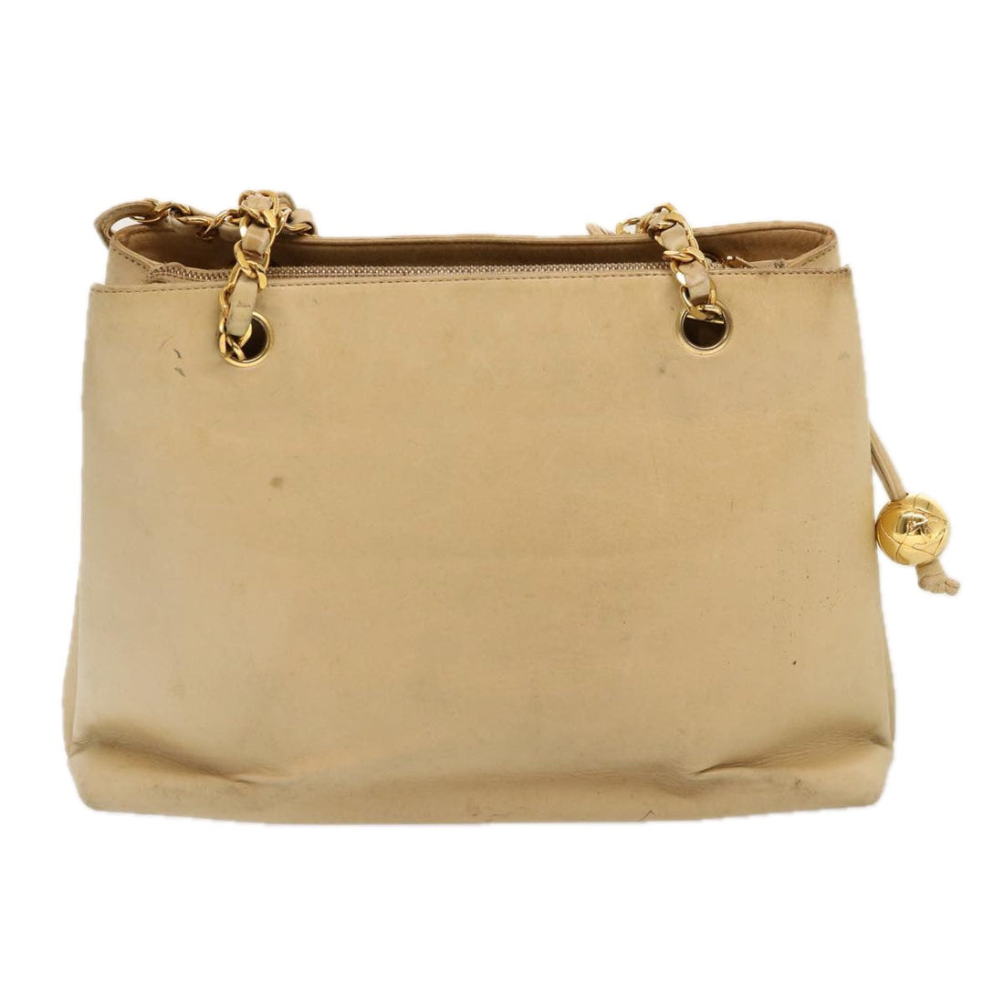 Chanel Chain Tote Bag Leather Beige CC Auth A
