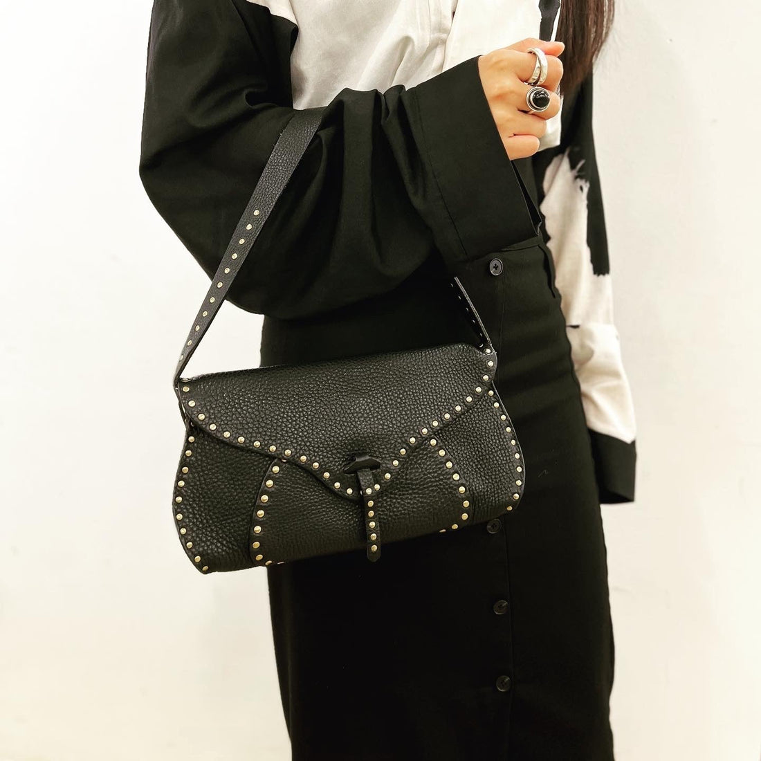 CÃ©line Studded Black Leather Baguette