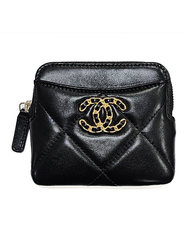 Nineteen Gold CC Logo Lambskin Zipper Card Wallet Black Chanel