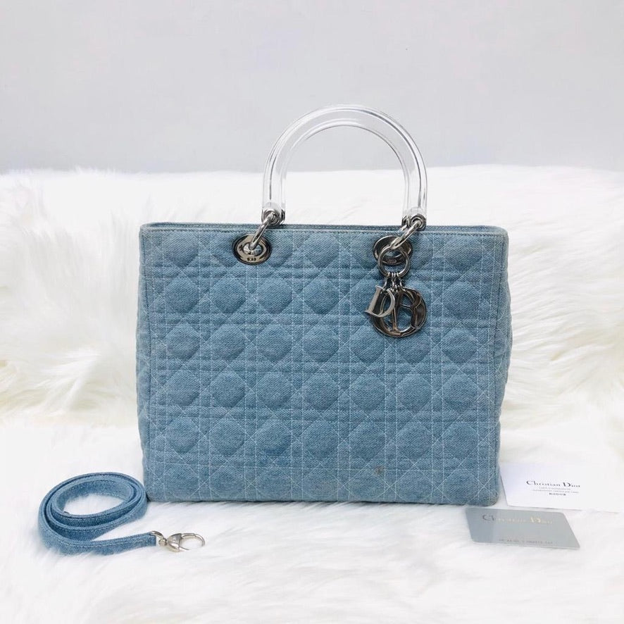 Lady Dior Large  Denim Quilted Cannage tote with strap and acrylic handle GHW