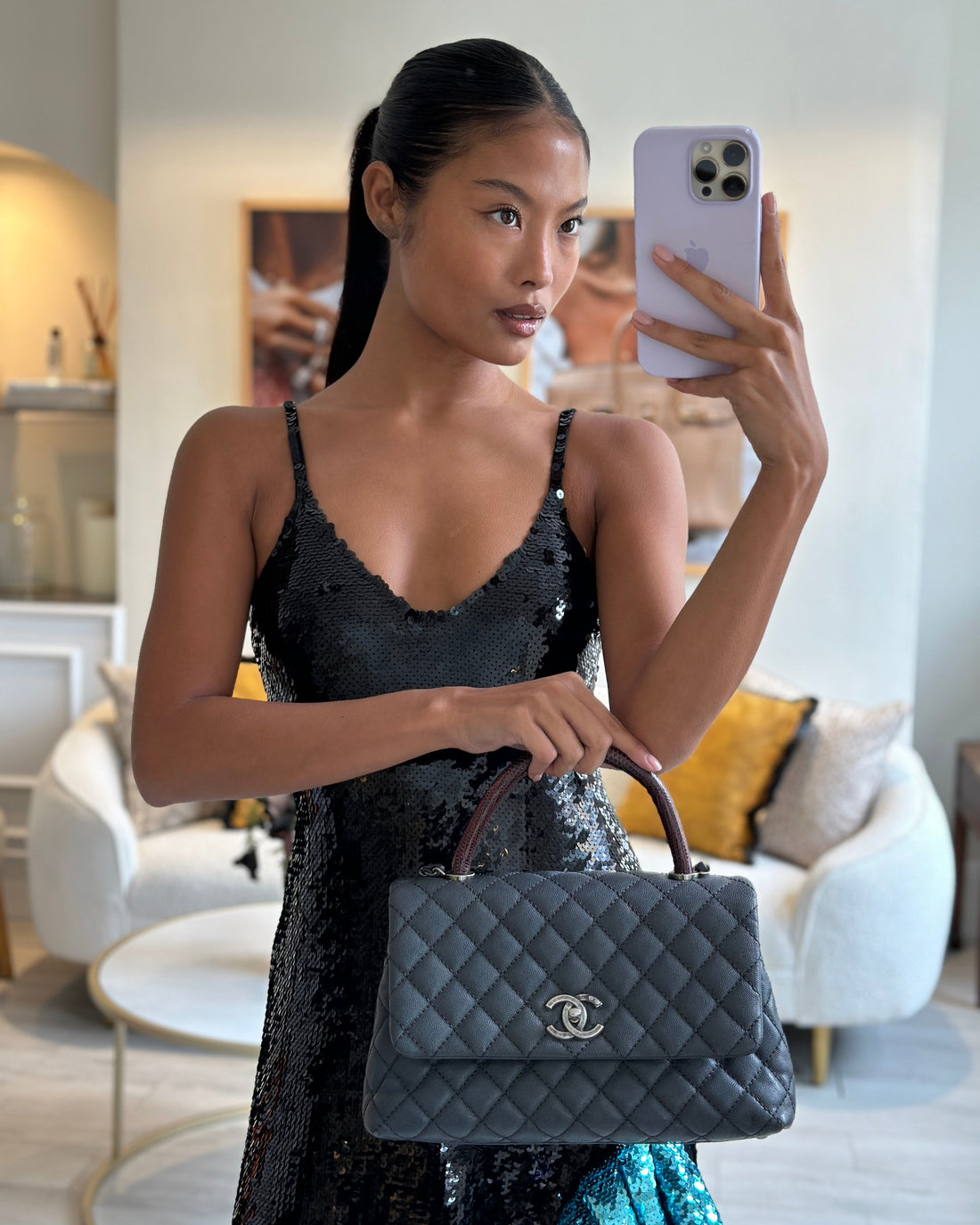 *RARE* Pearl Street Bags Chanel Medium Coco Top Handle Bag Grey Caviar with Python Handle and Ruthenium Hardware