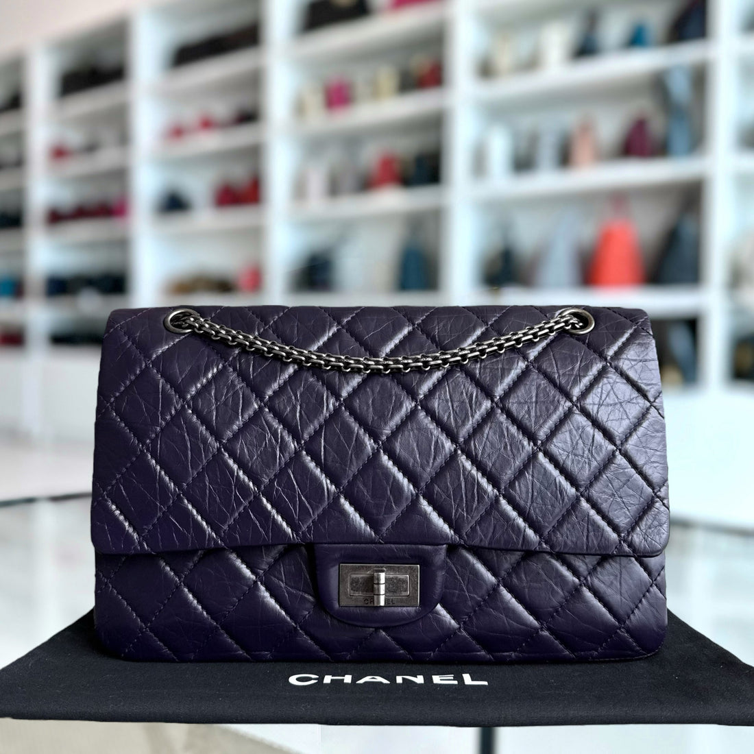 Chanel 2.55 Reissue 227 Large - Cannage Aged CalBNkin Dark Violet Purple Ruthenium Silver Hardware Series 17