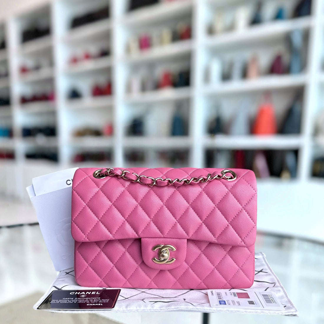 Chanel Classic Flap Small - Togo/epsom/caviar/clemence/callfskin/cowhide/lambskin 23CM Quilted Grained CalBNkin Pink Gold Hardware Series 28