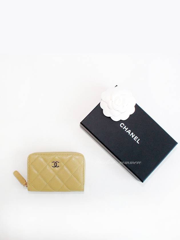 Gold Hardware Classic Grained Shiny CalBNkin Zipped Coin Wallet Light Green Chanel