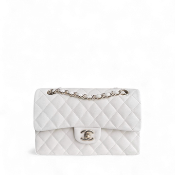 Chanel Classic Flap Small - Togo/epsom/caviar/clemence/callfskin/cowhide/lambskin 23CM Quilted Grained CalBNkin White Light Gold Hardware Microchipped