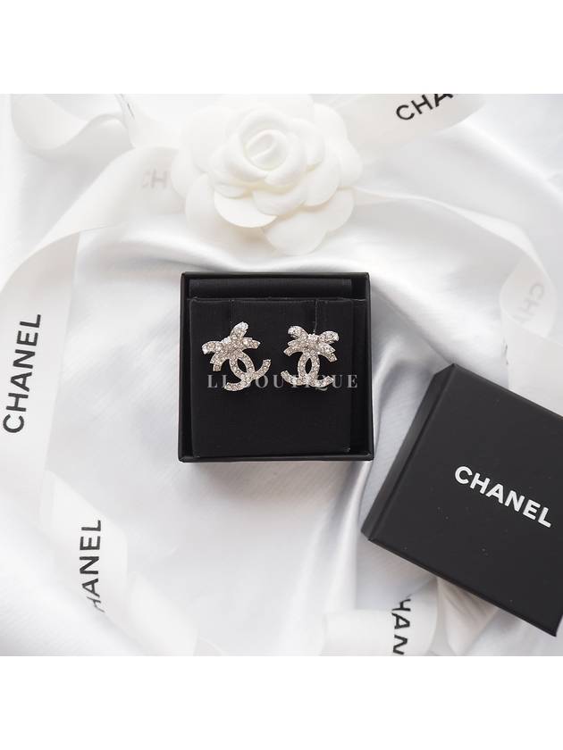 CC Logo Ribbon Metal Diamante Earrings Gold Chanel