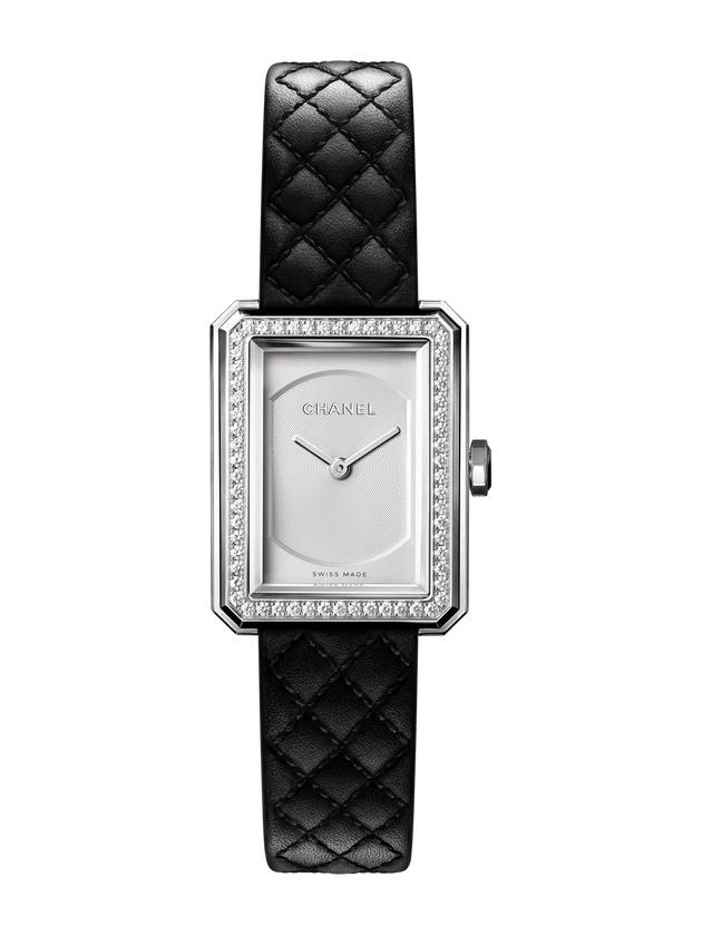 Boyfriend CalBNkin Quilted Pattern Strap Small Watch Silver Black Chanel