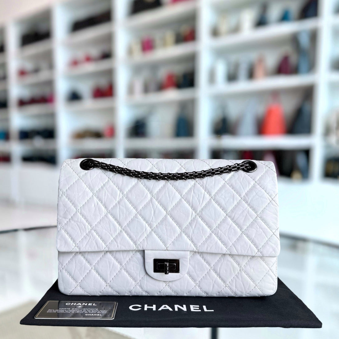 Chanel 2.55 Reissue 226 - Quilted Aged CalBNkin White Ruthenium Black Hardware Series 12