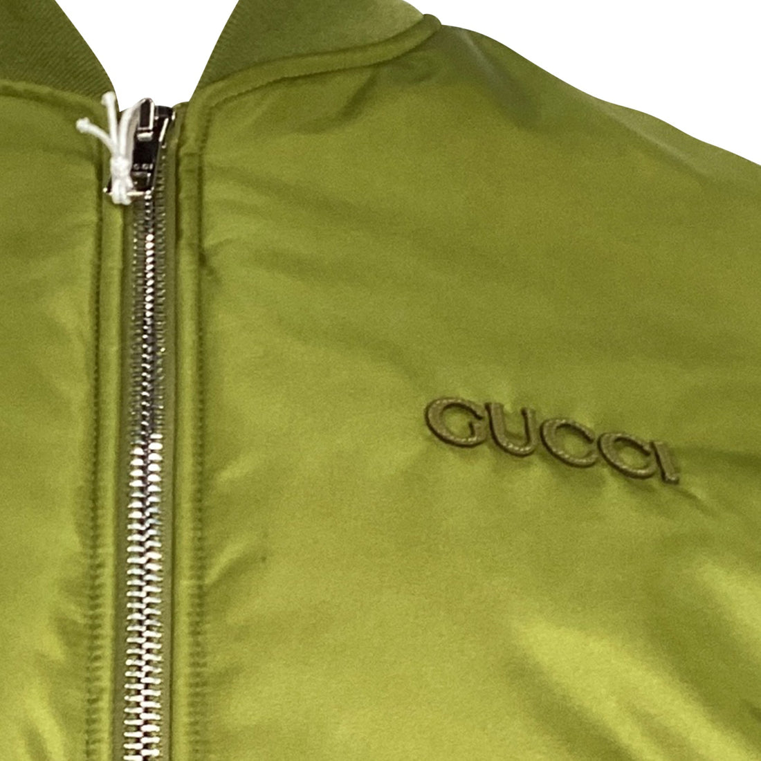 Gucci Logo-Embroidered Bomber Jacket with Pockets in Green Polyamide